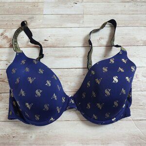 Victoria's Secret T-shirt Bra 34C Navy Blue Gold Logo Metallic Underwire Classic